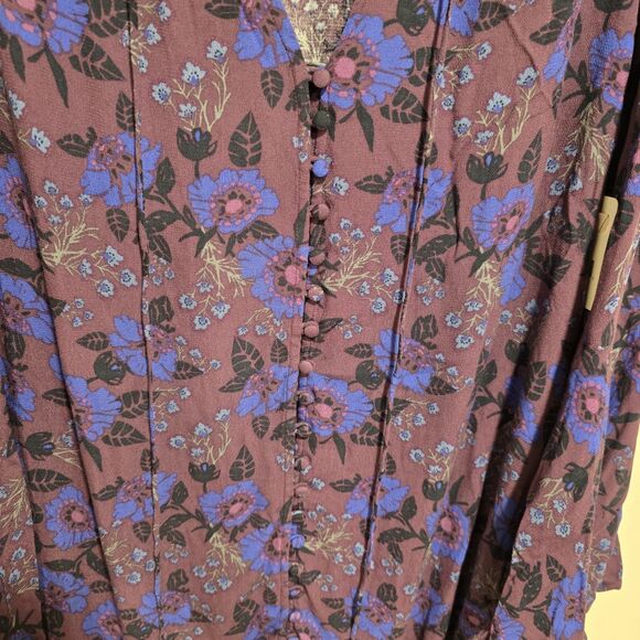 Free People Magic Mystery Tunic Top Dress XS Purple Floral Bell Sleeve Tie Neck - Picture 3 of 11